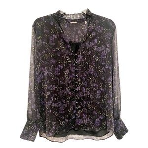 Elie Tahari Black and Purple Floral Blouse Sz L